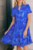 Blue Floral Ruffled Hem V Neck Short Sleeve Flowy Mini Dress