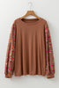 Brown Floral Sleeve Patchwork Round Neck Plus Blouse