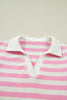Pink Stripe Collar V Neck Ruffled Short Sleeve Blouse