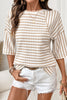 Apricot Stripe Textured Knit Split Hem Half Sleeve Loose Top