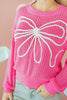 Sachet Pink Sweet Bow Decor Hollow Out Knitted Drop Shoulder Sweater