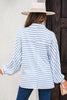 Sky Blue Stripe Half Button Collared Chest Pockets Loose Fit Blouse