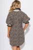 Khaki Leopard Print Zip Neck Striped Webbing Patchwork T Shirt Mini Dress
