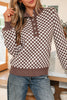 Dark Brown Half Button Ribbed Trim Checkerboard Knit Sweater