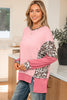 Light Pink Color Block Leopard Patchwork Dolman Sleeve High Low Baggy Sweatshirt