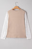 Oatmeal V Neck Contrast Lace Patchwork Long Sleeve Top