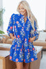 Blue Floral Print Button Detail 3/4 Puff Sleeve Ruffle Hem Dress