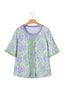 Sky Blue Floral Print Ruffled Color Block Trim Half Sleeve Blouse