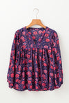 Purple Floral Half Sleeve Split Neck Blouse Top