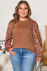 Brown Floral Sleeve Patchwork Round Neck Plus Blouse
