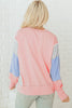 Apricot Pink Exposed Seam Color Block Patchwork Slit Cuffs Oversize Sweatshirt