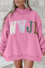 Coffee WWJD Mixed Pattern Embroidered Patch Graphic Mock Neck Sweatshirt