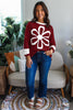 Red Dahlia Cheerful Daisy Flower Patched Round Neck Long Sleeve Top