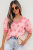 Rose Red Polka Dot Puff Short Sleeve Sweater Top
