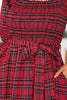 Red Tartan Plaid Square Neck Puff Sleeve Knot Waist Flared Midi Dress
