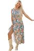 Green Floral Print Trimmed V Neck Tie Waist Sleeveless Holiday Long Dress