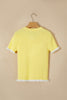 Yellow Cream Ribbed Knit Contrast Frilled Short Sleeve Sweater Cardigan