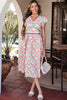 Pink Floral Print Contrast Trim V Neck Short Sleeve Elegant Midi Dress