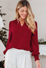 Burgundy Notched Neck Shirred Cuff Long Sleeve Blouse