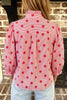 Sky Blue Polka Dot Print Ruffle Stand Neck 3/4 Sleeve Shift Shirt