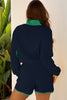 Navy Blue Color Block Patchwork Half Button Pullover and Shorts 2pcs Outfit