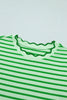 Green Stripe Scalloped Trim Round Neck T Shirt