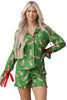 Green Christmas Candy Contrast Trim Bow Knot Silky 2pcs Pajama Set
