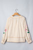 Khaki Stripe V Neck Floral Embroidered Long Sleeve Blouse