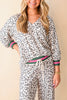 Gray V Neck Leopard Long Sleeve Top Striped Webbing Patchwork Drawstring Pant Set