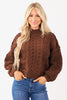Coffee Solid Color Cable Knit High Neck Loose Pullover Sweater