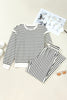 White Stripe Ruffle Trim Drop Shoulder Top Drawstring Loose Pant Set