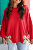 Fiery Red Floral Bow Patched Exposed Seam Patchwork Slit Baggy Sweatshirt