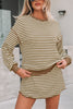 Brown Stripe Textured Drop Shoulder Pullover Top Drawstring Mini Skirt Two Piece Dress Set