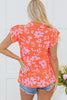 Orange Floral Print Collared Button Neckline Flutter Sleeve Blouse