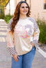 Beige Plaid Floral Peace Heart Graphic Wide Long Sleeve Top