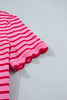 Green Stripe Scalloped Trim Round Neck T Shirt