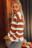 Brown Stripe Ribbed Polo Collar Drop Shoulder Sweater