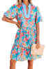 Multicolour Floral Print Contrast Scallop Striped Trim V Neck Dress