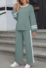 Chestnut Varsity Stripe Patchwork Puff Sleeve Pullover Drawstring Wide Leg Pant Set