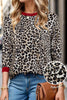 Brown Leopard Print Contrast Trim Round Neck Long Sleeve Top
