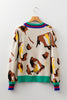 Apricot Contrast Ribbed Stripes Detail Animal Pattern Knit Sweater
