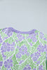 Sky Blue Floral Print Ruffled Color Block Trim Half Sleeve Blouse