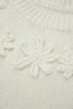 White Flower Detail Round Neck Contrast Textured Puff Sleeve Sweater
