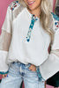 White Plant Mesh Patched Color Block Half Button Blouse