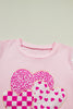 Light Pink Three Sweet Hearts Printed Sequin Trim Contrast Sleeve Patchwork Tee