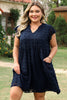 Navy Blue Dotty Textured Notched Neck Plus Ruffled Dress