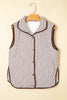 Brown Stripe Snap Button Scalloped Hem Collared Winter Vest
