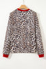 Brown Leopard Print Contrast Trim Round Neck Long Sleeve Top
