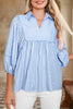 Sky Blue Stripe Shirt Collar V Neck Ricrac Trim 3/4 Puff Sleeve Blouse