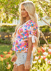 White Floral Colorblock Striped Edge V Neck Knotted Short Sleeve Blouse
